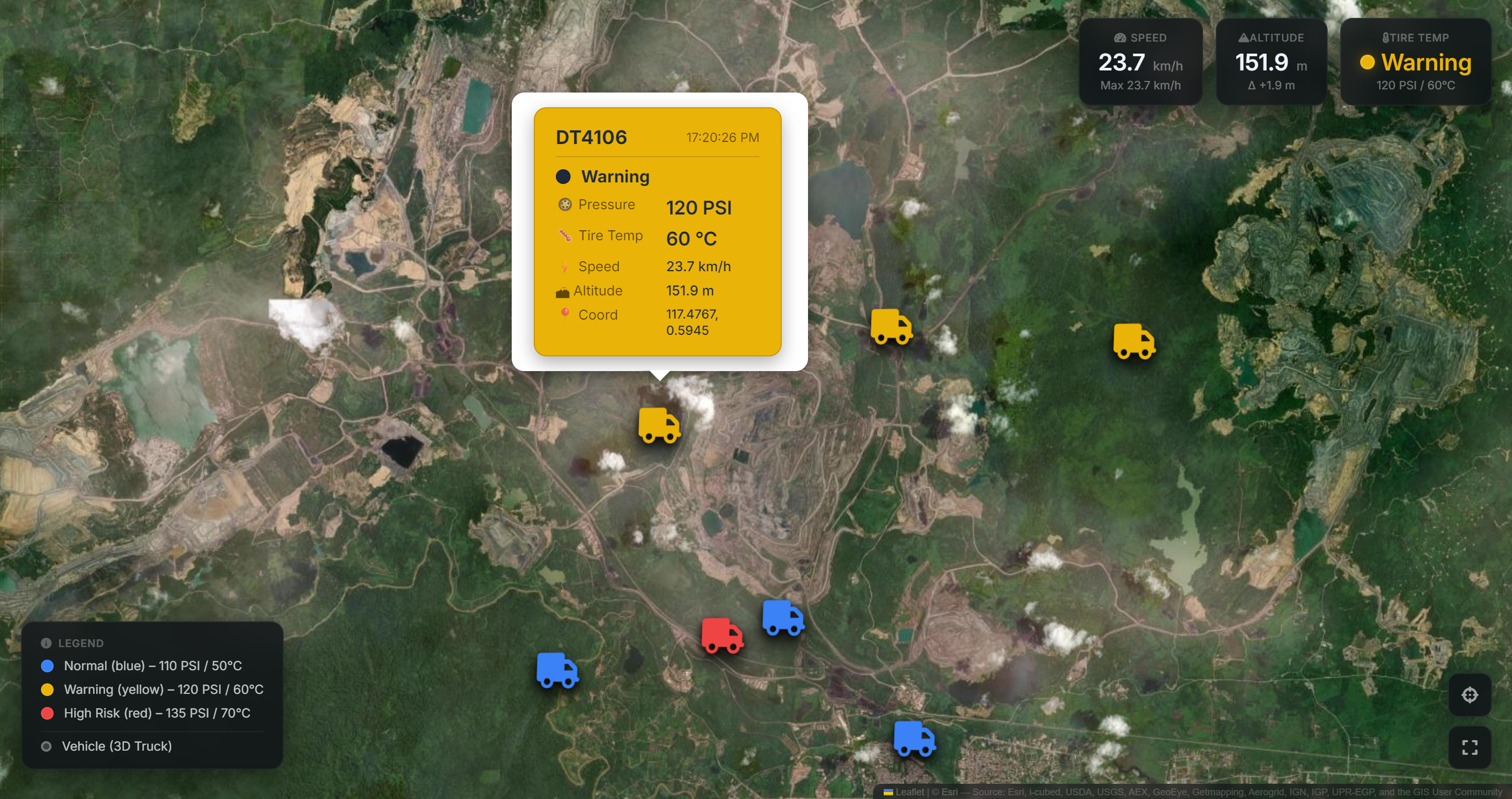 SafeViewPro 作业区域电子地图上的车辆位置与轮胎告警信息